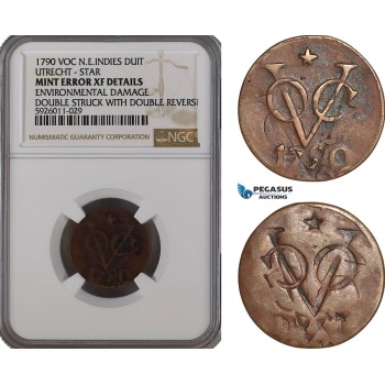 AG281, Netherlands East Indies, VOC, Duit 1790, Utrecht - Star, Double Struck With Double Reverve, NGC Mint Error XF Details
