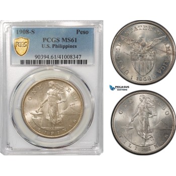 AG291, Philippines (US Administration) Peso 1908-S, San Francisco, Silver, PCGS MS61