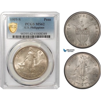 AG293, Philippines (US Administration) Peso 1909-S, San Francisco, Silver, PCGS MS62