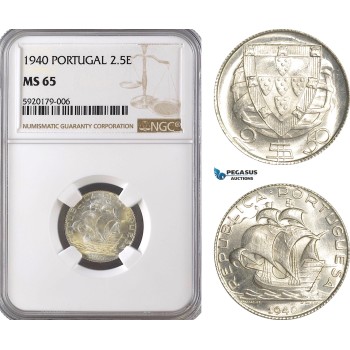 AG296, Portugal, 2 1/2 Escudos 1940, Silver, NGC MS65