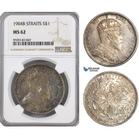 AG322, Straits Settlements, Edward VII, Dollar 1904-B, Bombay, Silver, NGC MS62