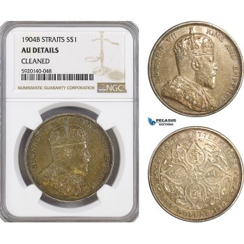 AG323, Straits Settlements, Edward VII, Dollar 1904-B, Bombay, Silver, NGC AU Details