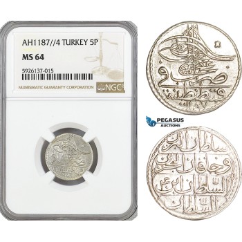 AG329, Ottoman Empire, Turkey, Abdülhamid I, 5 Para AH1187/4, NGC MS64, Pop 1/0