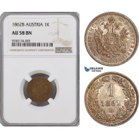 AG337, Austria, Franz Joseph, 1 Kreuzer 1862-B, Kremnitz, NGC AU58BN, Pop 1/2 AG337, Austria, Franz Joseph, 1 Kreuzer 1862-B, Kremnitz, NGC AU58BN, Pop 1/2