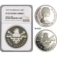 AG358, Cayman Islands, Elizabeth II, 5 Dollars 1977, Silver, NGC PF67 Ultra Cameo, Pop 1/3