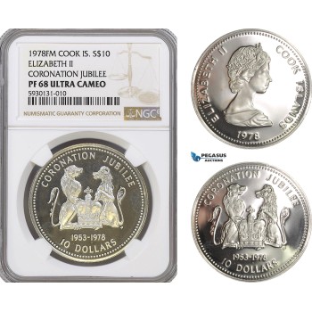 AG360, Cook Islands, Elizabeth II, 10 Dollars 1978, Silver, Coronation Jubilee, NGC PF68 Ultra Cameo, Pop 2/1