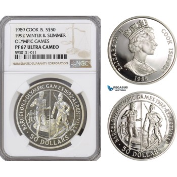 AG361, Cook Islands, Elizabeth II, 50 Dollars 1989, 1992 Olympic Games & Winter Olympic Games, Silver, NGC PF67 Ultra Cameo, Pop 1/0