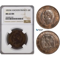 AG369, France, Napoleon III, 10 Centimes 1855-W, (Anchor) Lille, NGC MS62BN, Pop 1/0