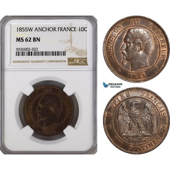 AG369, France, Napoleon III, 10 Centimes 1855-W, (Anchor) Lille, NGC MS62BN, Pop 1/0