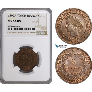 AG371, France, Third Republic, 5 Centimes 1897-A (Torch) Paris, NGC MS64BN