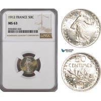AG372, France, Third Republic, 50 Centimes 1912, Paris, Silver, NGC MS63