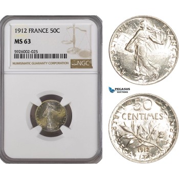 AG372, France, Third Republic, 50 Centimes 1912, Paris, Silver, NGC MS63