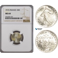 AG374, France, Third Republic, 50 Centimes 1915, Paris, Silver, NGC MS64