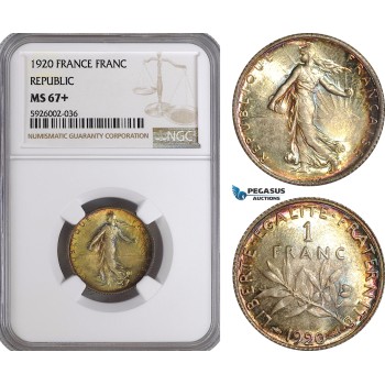 AG382, France, Third Republic, 1 Franc 1920, Paris, Silver, NGC MS67+ Pop 2/0