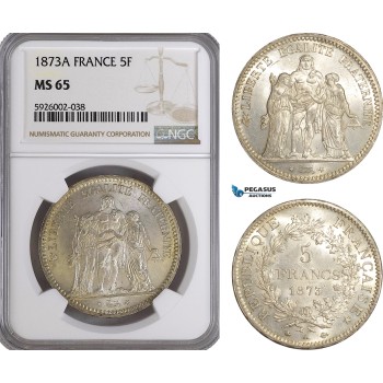 AG384, France, Third Republic, 5 Francs 1873-A, Paris, Silver, NGC MS65