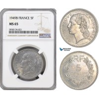 AG386, France, Fourth Republic, 5 Francs 1949-B, Beaumont-le-Roger, NGC MS65, Pop 2/0