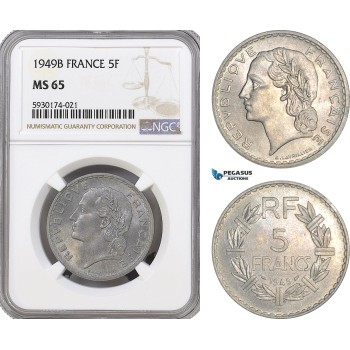 AG386, France, Fourth Republic, 5 Francs 1949-B, Beaumont-le-Roger, NGC MS65, Pop 2/0