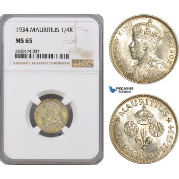 AG401, Mauritius, George V, 1/4 Rupee 1934, Silver, NGC MS65, Pop 3/2