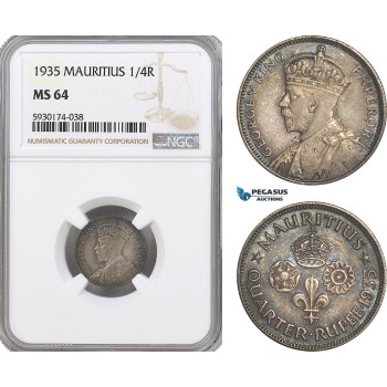 AG402, Mauritius, George V, 1/4 Rupee 1935, Silver, NGC MS64