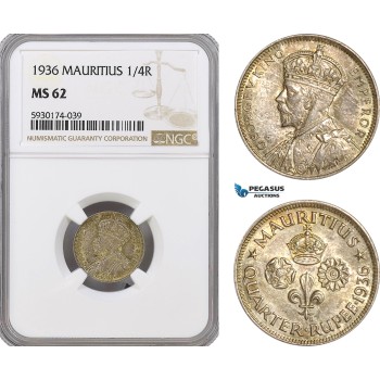 AG403, Mauritius, George V, 1/4 Rupee 1936, Silver, NGC MS62