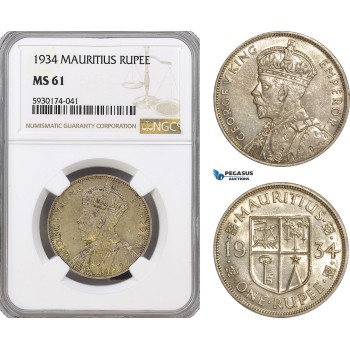 AG405, Mauritius, George V, 1 Rupee 1934, Silver, NGC MS61