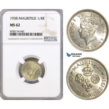 AG406, Mauritius, George VI, 1/4 Rupee 1938, Silver, NGC MS62