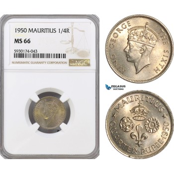 AG407, Mauritius, George VI, 1/4 Rupee 1950, NGC MS66, Pop 2/0