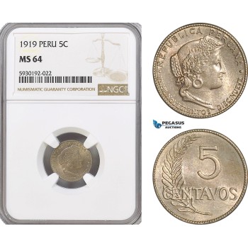 AG423, Peru, 5 Centavos 1919, NGC MS64, Pop 2/1