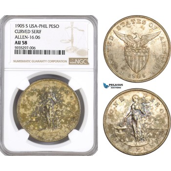 AG424, Philippines (US Administration) Peso 1905-S, San Francisco, Silver, Curved Serif Allen-16-06,  NGC AU58