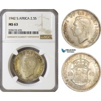 AG432, South Africa, George VI, 2­ 1/2 Shillings 1942, Pretoria, Silver, NGC MS63