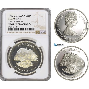 AG435, Saint Helena, 25 Pence 1977, Elizabeth II, 25th Anniversary of the Accession, Silver, NGC PF67 Ultra Cameo, Pop 1/4