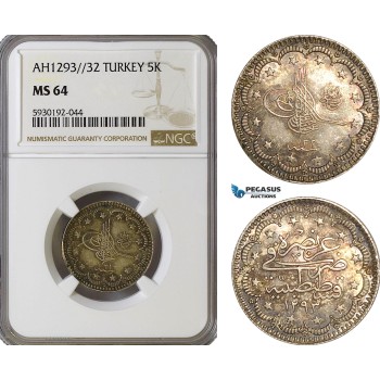 AG441, Ottoman Empire, Turkey, Abdulhamid II, 5 Kurush AH1293/32, Silver, NGC MS64