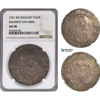 AG451, Hungary, Rudolf II, Taler 1591-KB, Kremnitz, Silver, Dav-8066, NGC AU58 AG451, Hungary, Rudolf II, Taler 1591-KB, Kremnitz, Silver, Dav-8066, NGC AU58