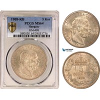 AG456, Hungary, Franz Joseph, 5 Korona 1908-KB, Kremnitz, Silver, PCGS MS64