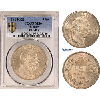 AG456, Hungary, Franz Joseph, 5 Korona 1908-KB, Kremnitz, Silver, PCGS MS64