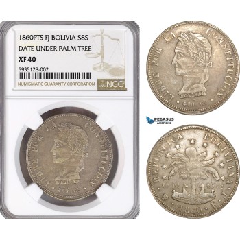 AG469-R, Bolivia, 8 Soles 1860 PTS FJ, Potosi, Date Under Palm Tree, Silver, NGC XF40