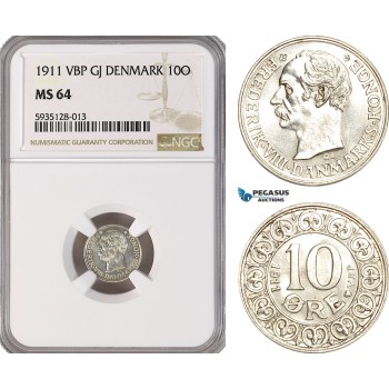 AG481-R, Denmark, Frederik VIII, 10 Øre 1911, Copenhagen, Silver, NGC MS64, Pop 2/3