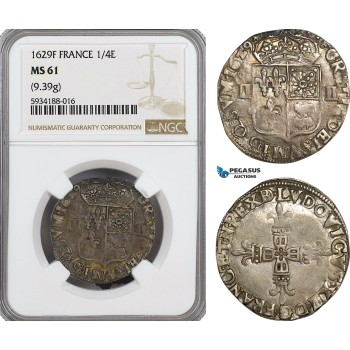 AG485, France, Louis XIII, 1/4 Ecu 1629, Pau, Silver (9.39g) NGC MS61
