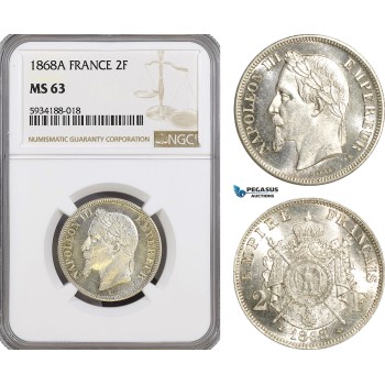 AG486, France, Napoleon III, 2 Francs 1868-A, Paris, Silver, NGC MS63