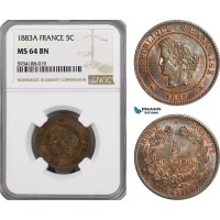AG487, France, Third Republic, 5 Centimes 1883-A, Paris, NGC MS64BN