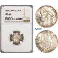 AG488, France, Third Republic, 50 Centimes 1895-A, Paris, Silver, NGC MS65