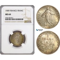 AG489, France, Third Republic, 1 Franc 1909, Paris, Silver, NGC MS64