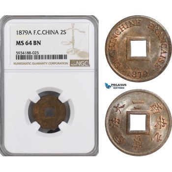 AG492, French Cochin-China, 2 Sapeque 1879-A, Paris, NGC MS64BN