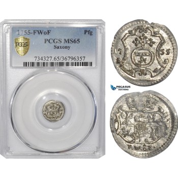 AG497, Germany, Saxony, Pfennig 1755-FWoF, Dresden, Silver, PCGS MS65