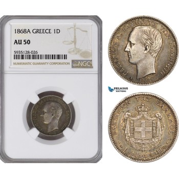 AG501-R, Greece, George I, 1 Drachma 1868-A, Paris, Silver, NGC AU50