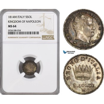 AG509, Italy, Kingdom of Napoleon, 5 Soldi 1814-M, Milan, Silver, NGC MS64, Pop 1/2