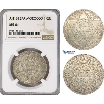 AG519-R, Morocco, Abdelaziz, 1/2 Rial AH1313­-Pa (1896) Paris, Silver, NGC MS61