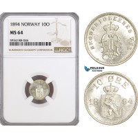 AG522, Norway, Oscar II, 10 Ore 1894, Kongsberg, Silver, NGC MS64, Pop 2/2 AG522, Norway, Oscar II, 10 Ore 1894, Kongsberg, Silver, NGC MS64, Pop 2/2