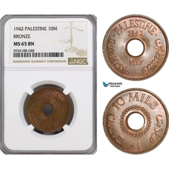 AG525, Palestine, 10 Mils 1942, Bronze, London, NGC MS65BN