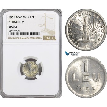 AG535, Romania, Peoples Republic, 1 Leu 1951, Aluminium, NGC MS64